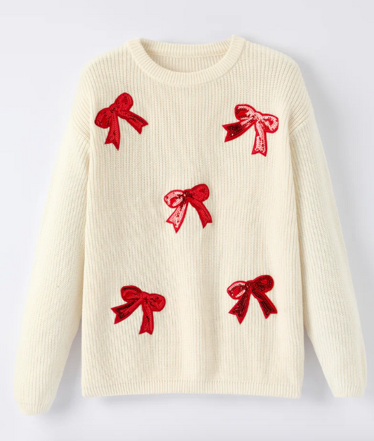 Winter Christmas Girls Bow Sequins Pullover Sweater