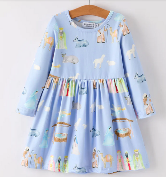 Winter Christmas Nativity Print Girls Long Sleeve Dress