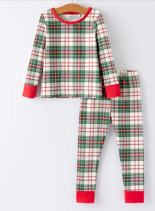 Christmas Plaid Girls Pajamas Set with Long Sleeves and Red Cuffs