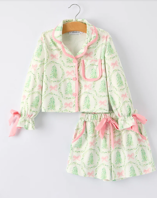 Christmas Tree & Bow Print Girls Pajama Set