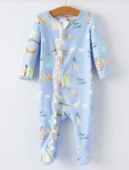 Blue Christmas Nativity Pattern Baby Girls Romper with Ruffles