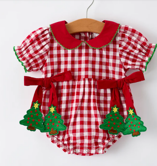 Baby Girls Christmas Outfit – Red Plaid Romper with Tree Bow Accents