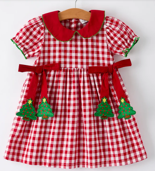 Girls Christmas Outfit – Red Plaid Dress with Tree Bow Accents