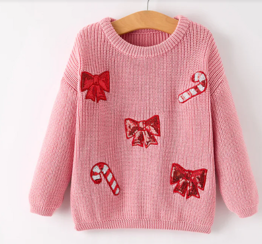 Christmas Winter Bow Girls Pink Pullover Sweater