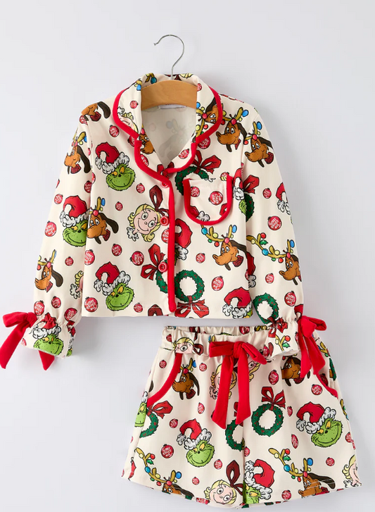Christmas Wreath Character Print Girls Pajama Set