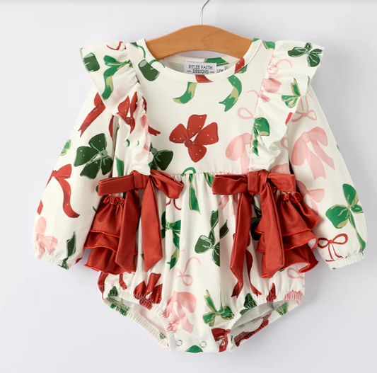 Holiday Print Christmas Baby Girl Romper with Bow Ruffles