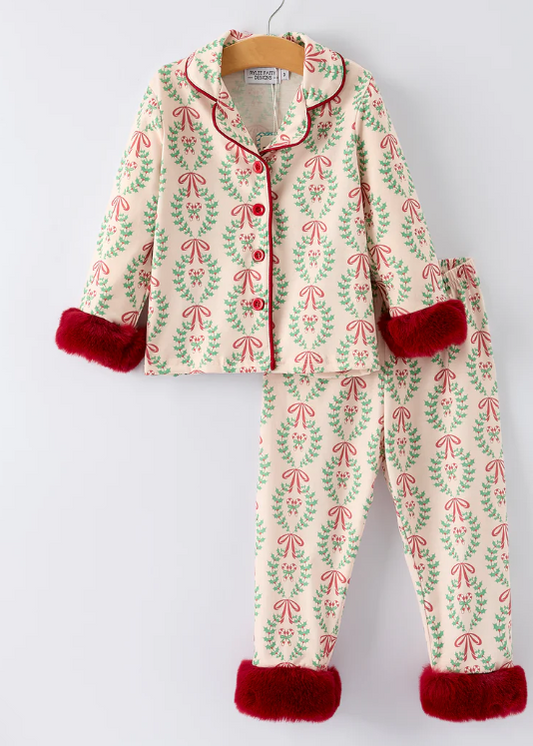 Christmas Long Sleeve Pajama Set with Red Cuffs and Festive Pattern