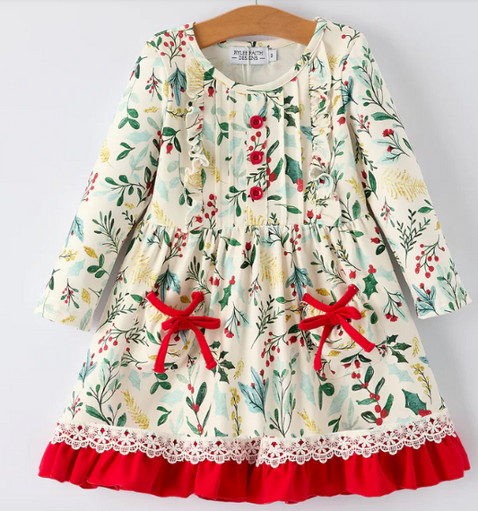 Toddler Girls Christmas Dress – Holiday Floral Print Outfit with Pockets