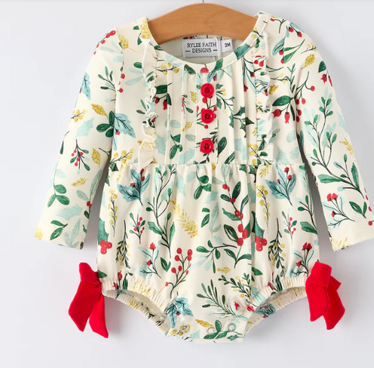 Baby Girls Christmas Romper – Holiday Bow Long Sleeve Outfit