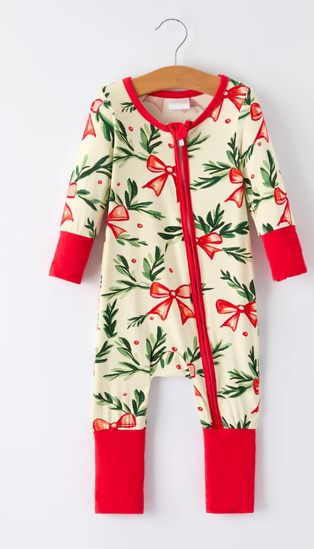 Christmas Bow and Holly Print Pajama Girls Romper