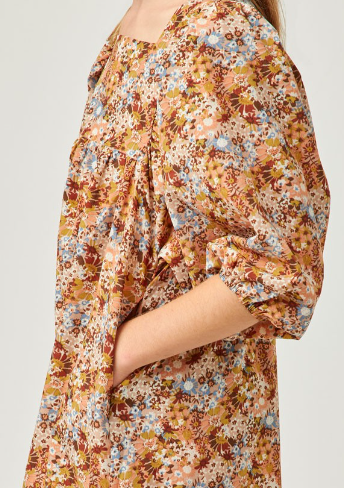 Girls Square Neck 3/4 Sleeve Printed Dress