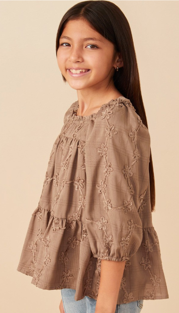 Girls Brushed Floral Detailed Puff Sleeve Square Neck Top