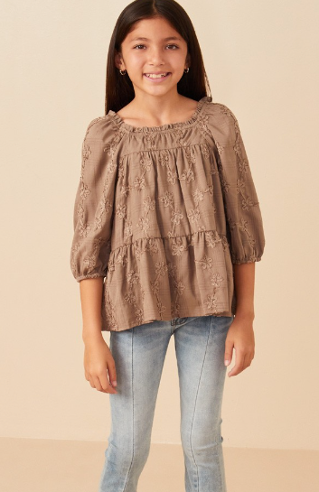 Girls Brushed Floral Detailed Puff Sleeve Square Neck Top