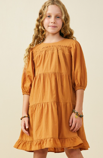 Girls Smocking Detailed Puff Sleeve Tiered Dress in Camel