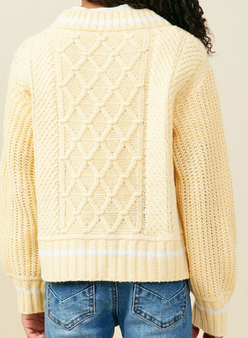 Girls Mixed Cable Knit V Neck Varsity Sweater Top in Yellow