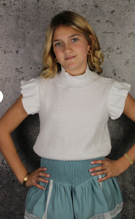 White Knit Ruffle Sleeves Top