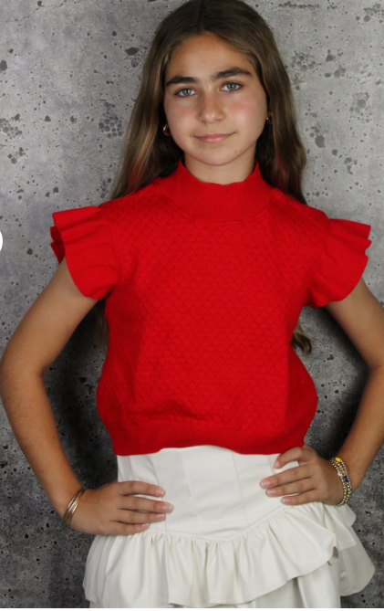 Red Knit Ruffle Sleeves Top