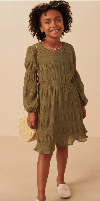Girls Mixed Pleated Peasant Sleeve Dress