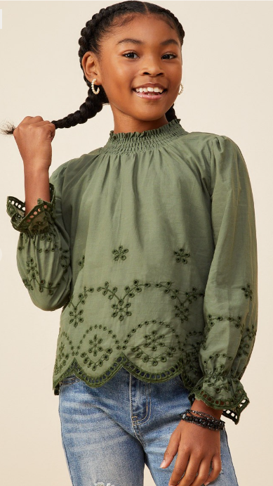 Girls Scallop Hem Eyelet Embroidered Top