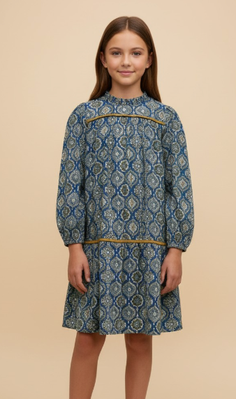 Girls Block Print Contrast Trim Long Sleeve Dress