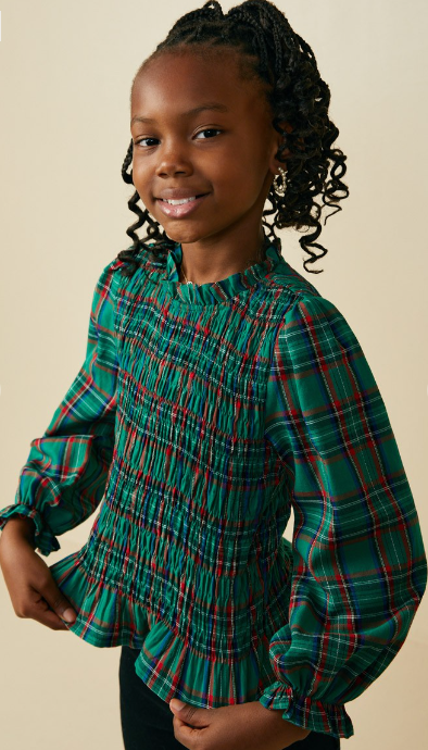 Girls Plaid Ruffle Neck Smocked Body Top in green