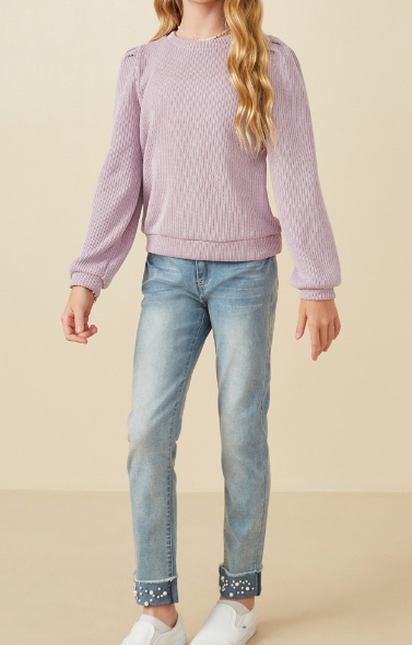Girls Ribbed Knit Banded Detail Mock Neck Top
