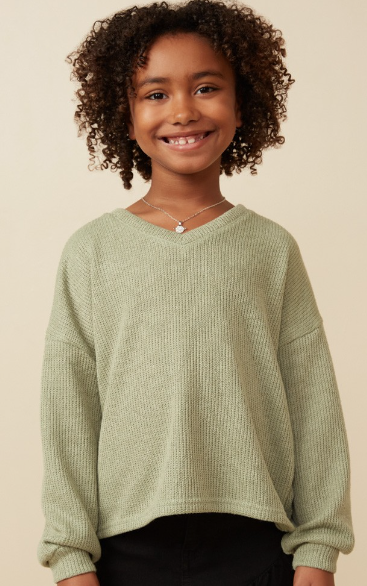 Girls Brushed Fuzzy Ribbed V Neck Knit Top
