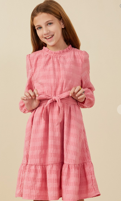 Girls Textured Long Sleeve Belted Knit Dress