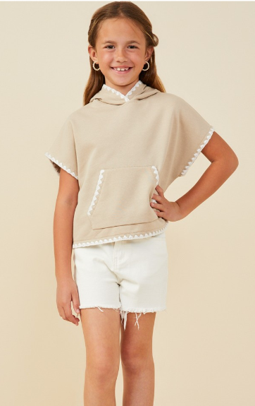 Girls Crochet Contrast Stitched Hooded Tee