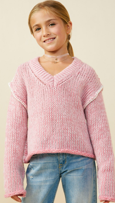 Girls Sequined V Neck Stitch Detail Sweater Top
