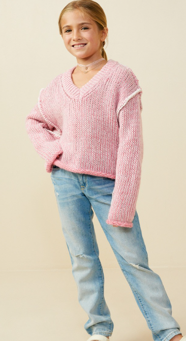 Girls Sequined V Neck Stitch Detail Sweater Top