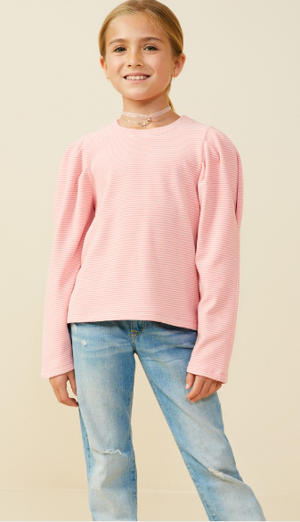 Girls Ribbed Puff Shoulder Long Sleeve Knit Top