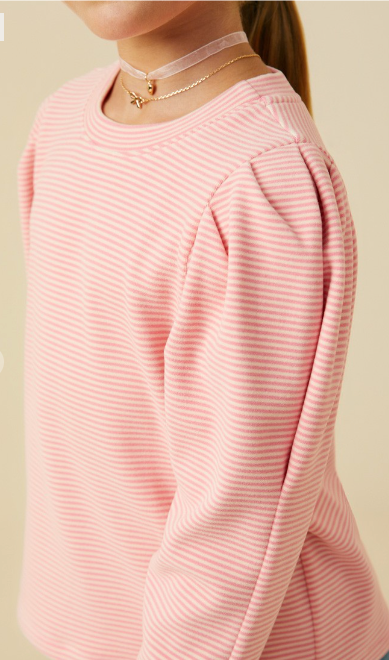 Girls Ribbed Puff Shoulder Long Sleeve Knit Top