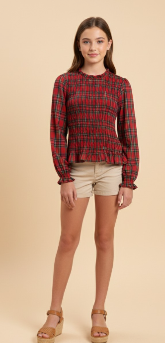 Girls Plaid Ruffle Neck Smocked Body Top in red