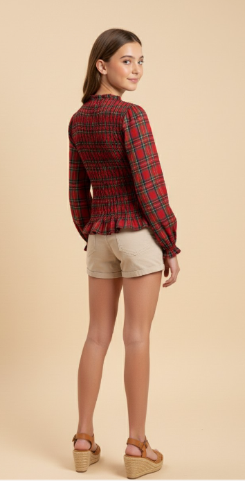 Girls Plaid Ruffle Neck Smocked Body Top in red