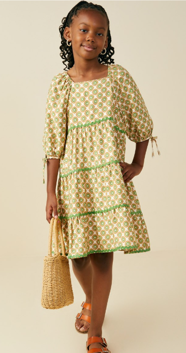 Girls Contrast Wavy Trim Block Print Dress