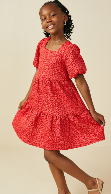 Girls Ditsy Floral Puff Sleeve Tiered Dress