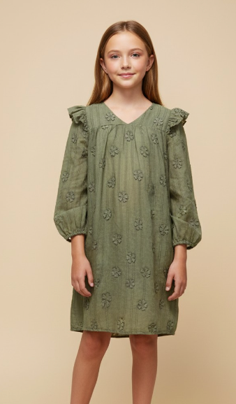 Girls Floral Embroidered Flutter Detail Dress