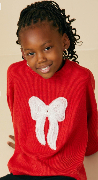 Girls Beaded Lace Bow Trim Ribbed Knit Top