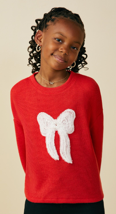 Girls Beaded Lace Bow Trim Ribbed Knit Top