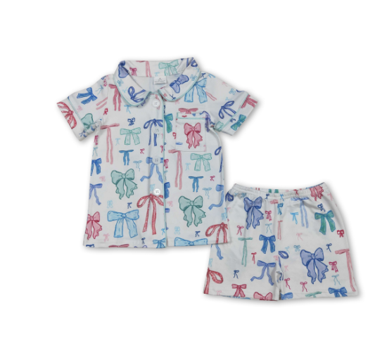 Colorful Bow Pocket Kids Girls Button Down Pajamas