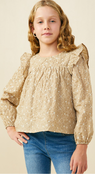 Girls All Over Floral Embroidered Ruffle Detail in tan