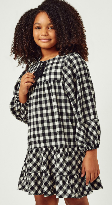Girls Puff Sleeve Tie Neck Gingham Dress in Black