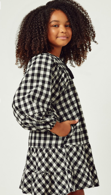 Girls Puff Sleeve Tie Neck Gingham Dress in Black