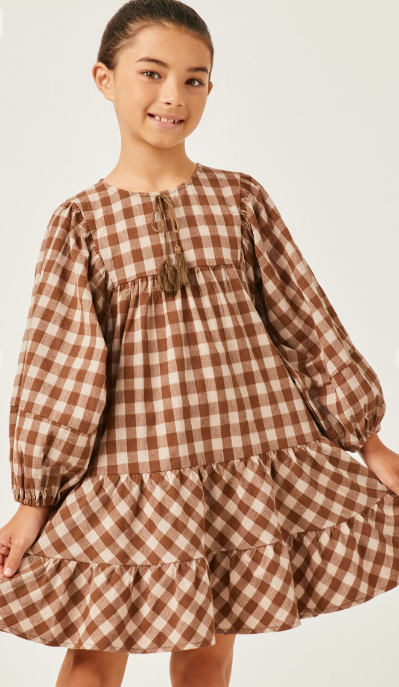 Girls Puff Sleeve Tie Neck Gingham Dress in Brown
