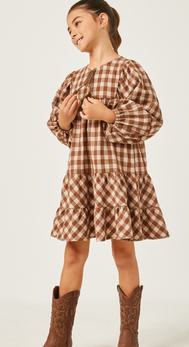 Girls Puff Sleeve Tie Neck Gingham Dress in Brown