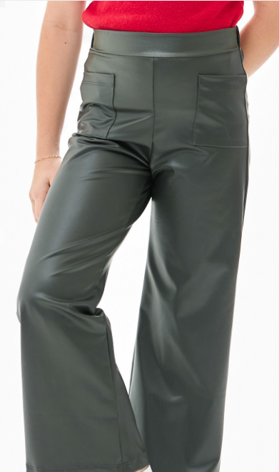 Faux Leather Wide Legs Pants in Deep Green