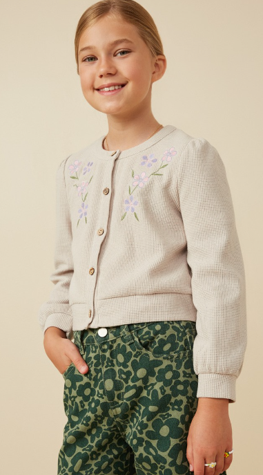 Girls Floral Embroidered Textured Knit Cardigan