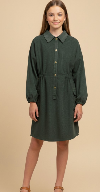 Girls Button Detail Collared Corduroy Long Sleeve