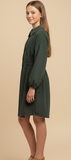 Girls Button Detail Collared Corduroy Long Sleeve